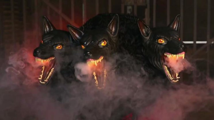 cerebus three headed dog A custom carved cerberus three headed dog statue complete with faux stone carved base and dramatic up lighting for a dynamic mythology diorama. cerebus three headed dog A custom carved cerberus three headed dog statue complete with faux stone carved base and dramatic up lighting for a dynamic mythology diorama.